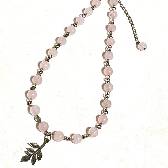 Natural Pink Rose Quartz Necklace, Bronze Leaf Branch + Genuine Gemstone Choker - Picture 5 of 14